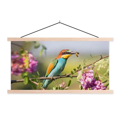 Produktbild von MuchoWow® Textilposter Vogel - Bienenfresser - Blumen 60x30 cm mit holzfarbenen Rahmen - Dekoration