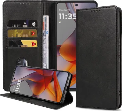Image de Etui pour téléphone Motorola Moto G75 Etui en simili cuir avec fermeture magnétique et porte-cartes Etui avec rabat - Etui portefeuille avec emplacement pour cartes - Noir - Smartphonics