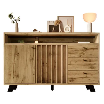 Produktbild von Sideboard Kommode mit 3 Schubladen und 2 Türen Stauraumschrank mit offenem Fach und Lamellenfront im Vintage Stil,20B x 40T x 85Hcm