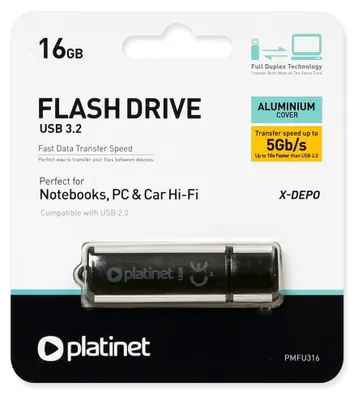Produktbild von Platinet PMFU316, 16 GB, USB Typ-A, 3.2 Gen 2 (3.1 Gen 2), 60 MB/s, Kappe, Schwarz