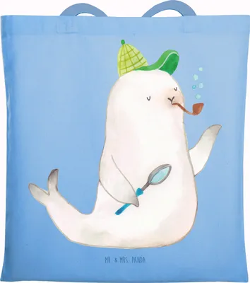 Produktbild von Mr. & Mrs. Panda Tote Bag Robbe Sherlock - Sky Blue - Geschenk, Lustige Sprüche, Beutel, Tasche, Shopping, Einkaufstasche, Baumwolltasche