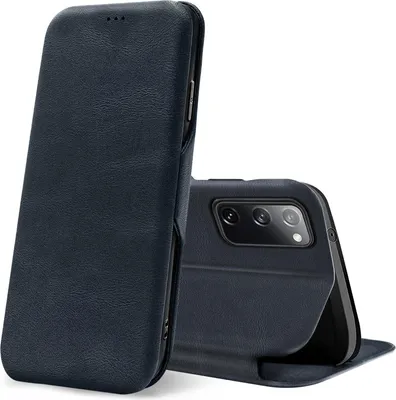 A dark blue flip case for a smartphone is shown against a white background. The case is partially open, revealing the back of a smartphone with its camera module.