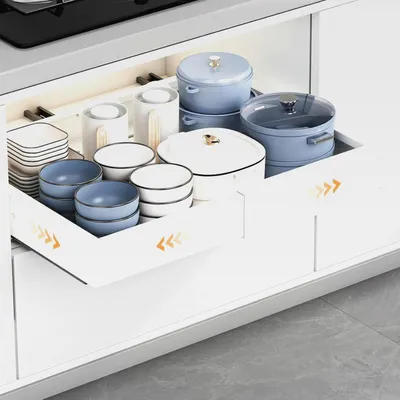 Produktbild von Ausziehbare Schublade Küche 1 Stück, Teleskopschublade 41,5-55cm Tief & 29-48cm Breit, Ausziehbarer Schrank Organizer, Kein Bohren Schubladen Organizer, Küchenorganizer für Unterschrank, Weiß