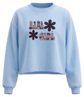 Produktbild von Damen Bluse Gr. S, blau, mit Strickstruktur, geprägtem Print und Rundhalsausschnitt