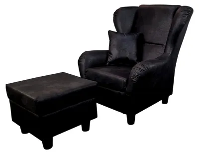 Produktbild von Vintage Ohrensessel mit Hocker und Zierkissen im Landhaus-Stil, B90/H98/T76 cm, hoher Sitzkomfort durch Wellenunterfederung, moderner Lesesessel mit Mikrofaserstoff in Leder-Optik in Schwarz