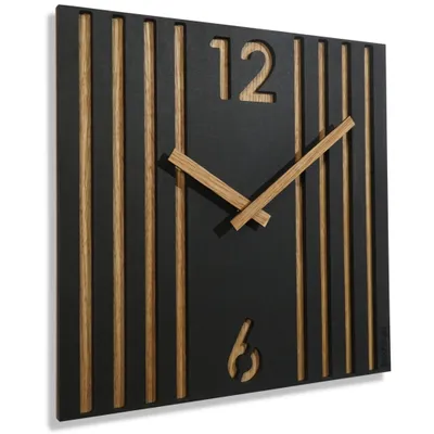 A square, modern wall clock with a black face and wooden slats. The clock has wooden hands and the numbers 12 and 6 are cut out of the face.