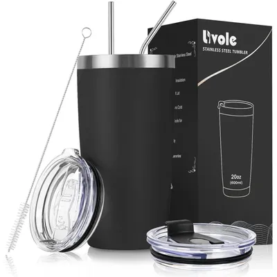 Produktbild von Thermobecher 600ml Edelstahl doppelwandig Vakuum mit Strohhalm und Deckel Schwarz