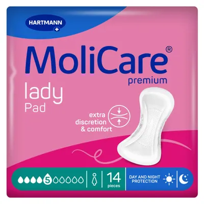 Produktbild von MoliCare lady Pad, 5 Tropfen, extra lange Inkontinenzeinlage für Frauen, 14 Stück