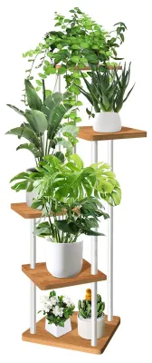 Image de Omgoods - Étagère à fleurs en bois à 5 niveaux avec plusieurs supports pour pots, idéale pour l'intérieur et l'extérieur