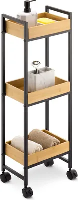 Produktbild von Bambus-Badezimmerschrank auf Rädern mit Schubladen