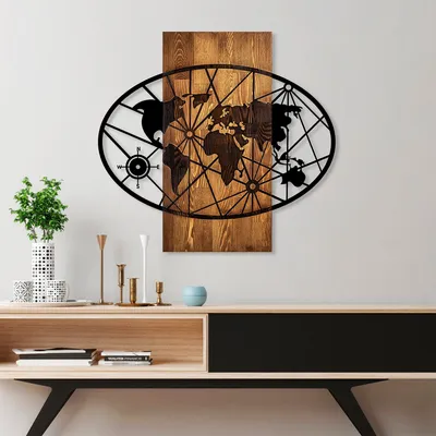 Image de Wallity, World Map 4-M, Accessoire mural décoratif en bois, 100 % BOIS / MÉTAL, noyer, 57 x 62 cm