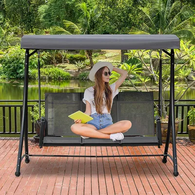 Produktbild von Hollywoodschaukel 3-Sitzer mit Sonnendach, Schaukelbank Metall, Netzstoff, Dunkelgrau | 196x128x172 cm | bis 300 kg | pulverbeschichtet