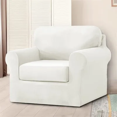Produktbild von Samt-Stretch-Sofabezug mit separatem Rückenlehnenbezug und Sitzkissenbezug, Anti-Rutsch-Sessel-Sofa-Überzug mit Gummiband für Wohnzimmer (1-sitzer, Weiß)