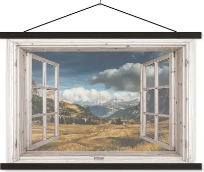 Produktbild von MuchoWow® Textilposter Aussicht - Berg - Gras 150x100 cm mit schwarzem Rahmen - Schlafzimmer