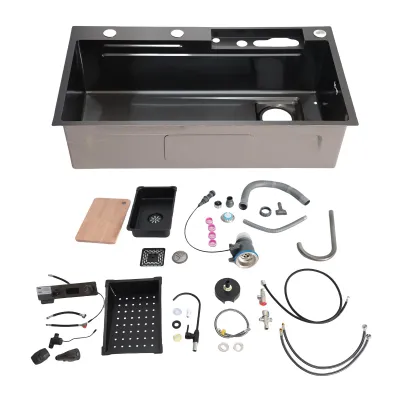 Image de Évier de cuisine intelligent en acier inoxydable, grand modèle – évier brossé avec affichage numérique, durable et spacieux, idéal pour la cuisine. Accessoires inclus