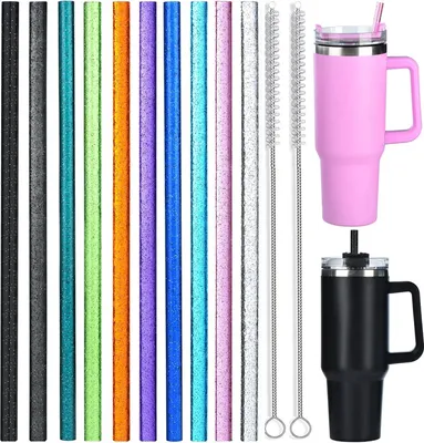 Produktbild von Glitzerstrohhalme für Stanley 40 oz 30 oz Tumbler - 10 Stück - 30 cm lang - Wiederverwendbare Plastikstrohhalme - Transparent - Stanley Cup Zubehör - Halbe Gallone Krug - 2 Reinigungsbürsten - (Farbe)