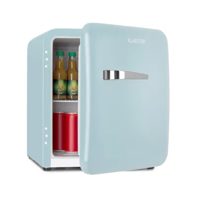 A light blue mini-fridge with its door open, showing two bottles and two cans inside.