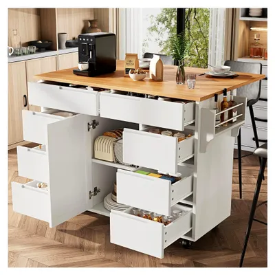 Produktbild von Moderne Kücheninsel mit ausziehbarem Wagen und Rollen, Servierwagen mit Gewürzregal und 8 Schubladen (Weiß)