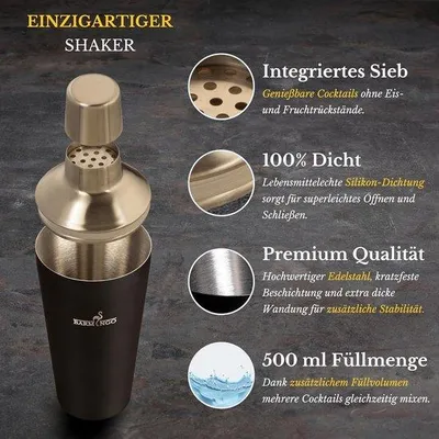 Produktbild von Famanu Cocktail Shaker Set 5-teilig – 500 ml Cocktail Shaker mit Bar Zubehör - Schwarz & Silber