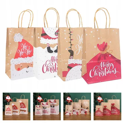 Image de 24 pièces de sacs cadeaux de Noël, sacs en papier brun de Noël, sacs cadeaux de Noël, sacs cadeaux avec poignées, sacs à friandises de Noël