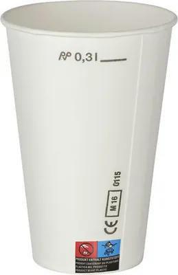 Produktbild von 100x Kaltgetränkebecher Pappbecher weiß mit CE Eichstrich 300 ml