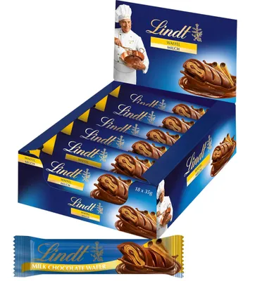 Zdjęcie produktu dla Batony waflowe Lindt z najlepszą czekoladą mleczną i chrupiącym wafelkiem, 18 sztuk po 35 g (630 g)