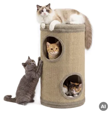 Productafbeelding van Fudajo boskattenhuis, beige, hoogte 61 cm, diameter 35 cm, inclusief kussen. Kattenhuis met 2 ingangen