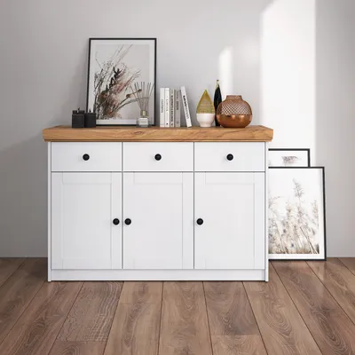 Produktbild von Homestyle4u Kommode Sideboard Eiche Matt Weiß Holz Massiv Schrank Mit Schubladen Highboard Anrichte