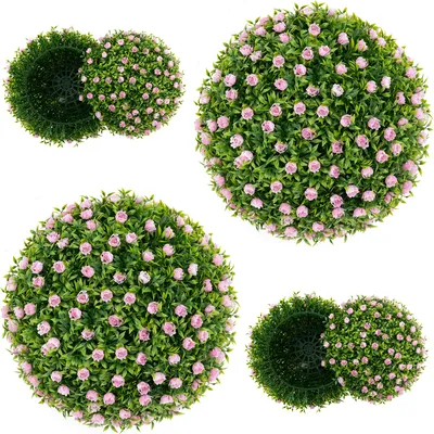 Produktbild von COSTWAY 2er Buchsbaumkugel 37cm, UV-beständig, Dekokugel mit rosa Blumen, Formschnitt Kunstpflanze , Buchskugel, dekorative Kugelpflanze Grün