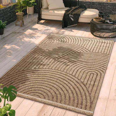 Produktbild von TT Home In-& Outdoor Teppich Wohnzimmer Wetterfest Balkon Boho Blattmotiv 3D Fransen Größe 160x220 cm