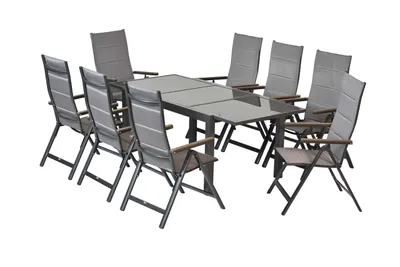 Produktbild von Merxx Gartenmöbelset Trivero 9tlg., 8 Klappsessel, 1 Ausziehtisch 140 (200) x 90 cm - Aluminium/Textil