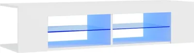 A white TV stand with blue accents and shelves.
