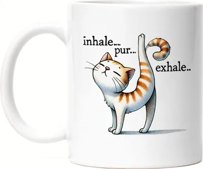 Produktbild von Inhale Pur Exhale Tasse Weiß Geschenkidee für Yoga-Fans und Katzenliebhaber