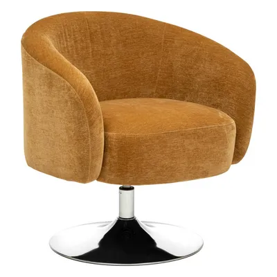 A studio shot of a single ocher yellow armchair with a silver swivel base.