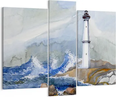 Produktbild von Bild auf Leinwand - Leinwandbild - Leuchtturm Wasser Illustration Welle - 95x80cm - Wand Bild - Wanddeko - Leinwanddruck - Bilder - Kunstdruck - Leinwand bilder - Wandkunst - CB95x80-2997