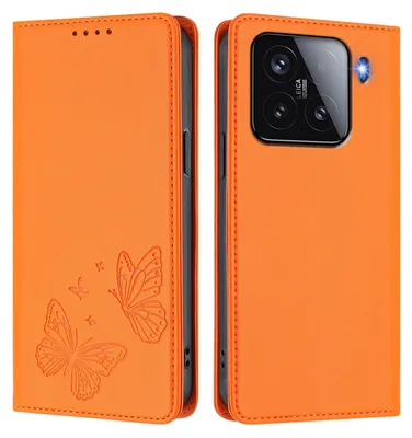 Obrázek produktu pro Kožené pouzdro pro Xiaomi 15, motýlí ražbou, peněženkové flip pouzdro se stojánkem Oranžová