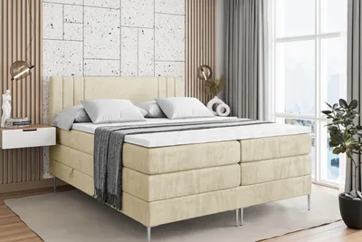 Produktbild von ALTDECOR Boxspringbett mit Silber Füßen, Matratze und Lattenrost, Topper, Polsterbett mit Bettkasten, Bett mit Stauraum H3- und H4- Matratze, Doppelbett -IDRIKO-FS KING-180x200 - Beige Casablanca