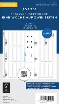 Produktbild von FILOFAX Kalendereinlage 2026 - Personal - 1 Woche = 2 Seiten - weiss - deutsch - 26-68447