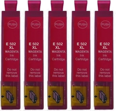 Five magenta ink cartridges are lined up against a white background.