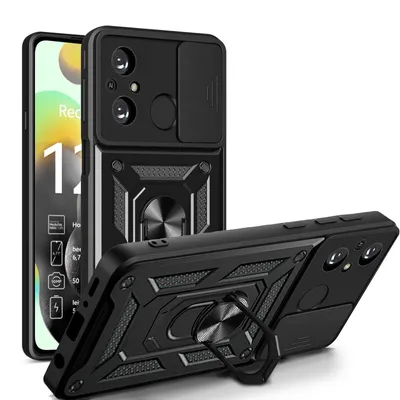 A black phone case with a camera cover and ring holder is displayed against a white background. Another phone case is shown in the foreground, angled to showcase its features.