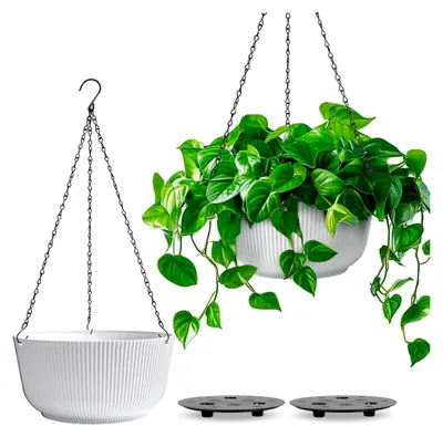 Produktbild von Φ20cm Blumentopf Hängend Plastik 2er Set, Hängetopf für Pflanzen mit Ketten, Blumenampel mit Wasserspeicher zum Garten Balkon Wohnzimmer Blumenampel Innen für Hängeampel Pflanzen Weiß