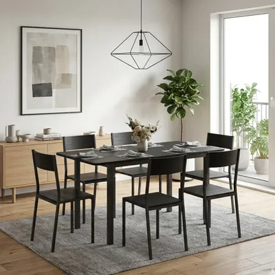 Image de Ensemble de salle à manger BEALIFE 7 pièces avec table à rallonges et 6 chaises | Pour la cuisine, la salle à manger et le salon | Noir TB78