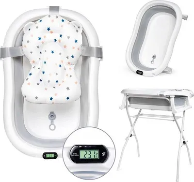 Produktbild von Famanu Babybadewanne mit ergonomischem Kissen und elektronischem Thermometer - faltbar