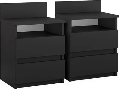 Two black nightstands are shown side-by-side against a white background.