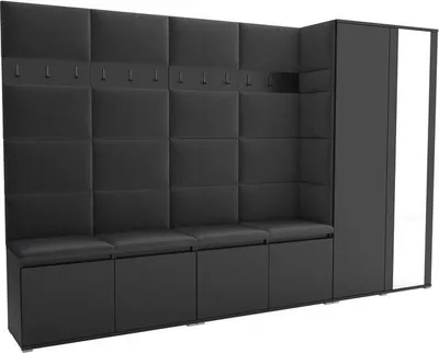 Produktbild von Garderoben-Set Noris V mit Spiegel, gepolsterte Garderobe 290 cm, Flurmöbel mit Wandpaneelen, 12 Haken und Schrank (Farbe: Schwarz + Trinity 15)