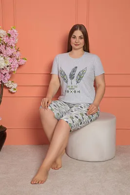 Produktbild von Damen Große Größen Pyjama Hellgrau XL Kurz Baumwolle Schlafanzug 2-Teiler Set L-81