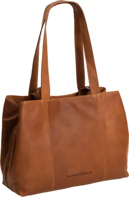 A brown leather tote bag is shown against a white background.