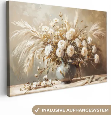 Produktbild von MuchoWow® - Leinwandbilder - Blumen - Vase - Stilleben - Beige, Wandbild, Wanddeko Bilder Wohnzimmer, 90x60cm