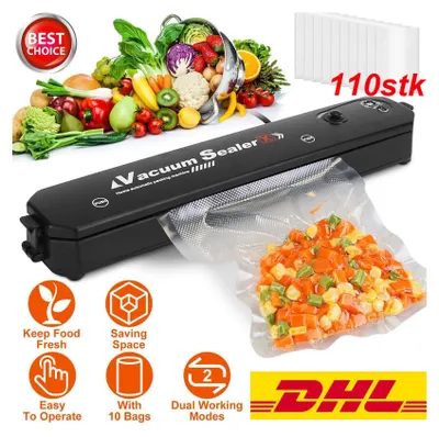 A collage advertising a vacuum sealer machine with various food items and features highlighted. The DHL logo is prominent at the bottom right.