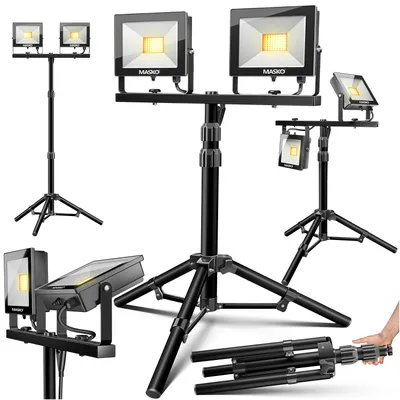 Produktbild von MASKO® LED Baustrahler mit Stativ Fernbedienung 100W Doppel 2x 50W Strahler 6500K Arbeitsleuchte Arbeitsscheinwerfer 5m Bauscheinwerfer Baustellenlampe innen außen höhenverstellbar bis max. 202cm